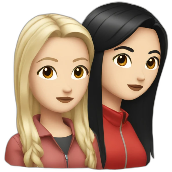 white girl with straight black hair, brown eye, she's wearing a red perfecto emoji