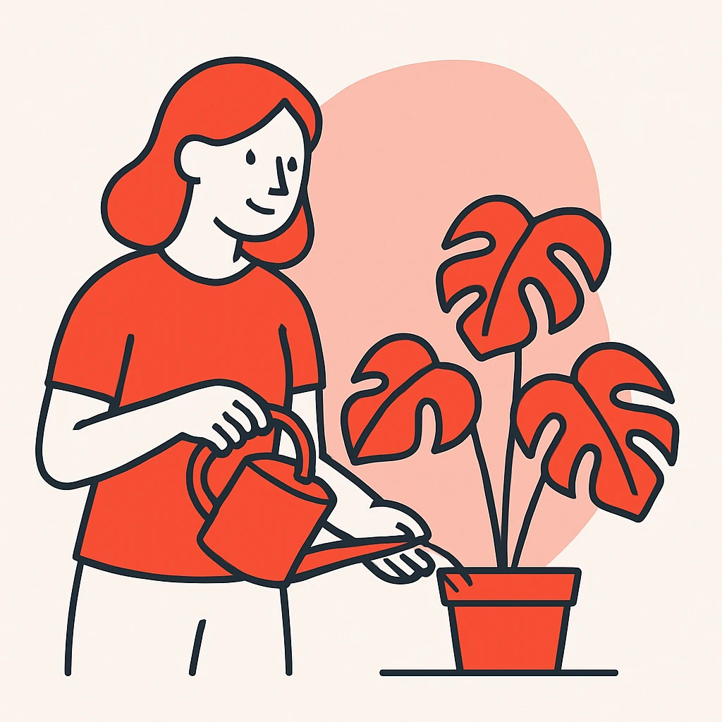 woman watering her monstera plant emoji