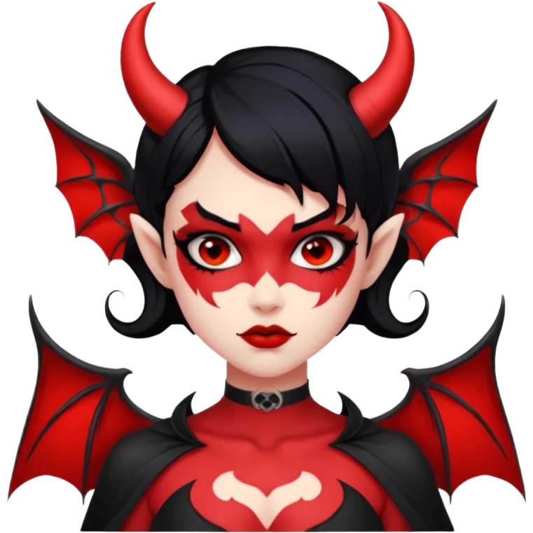 Demon girl: red skin, black hair, small horns, bat wing; tattoo-flash comic style; red/black palette; bold outlines; dark background; no text. emoji