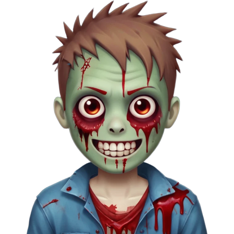 zombie boy with brown short spiky hair, white skin, and white eyes; an open smile, and bloodied teeth; emoji