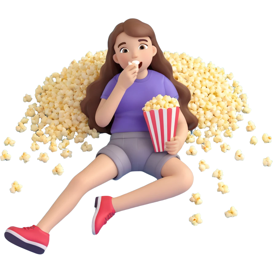 white girl with long hair lying on the floor, eating popcorn, emoji style emoji