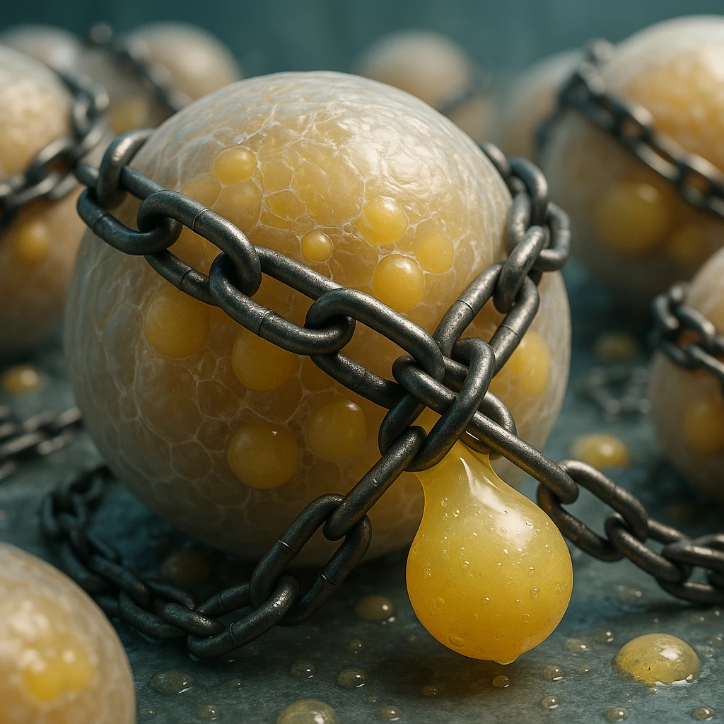 hyper realistic 4K adipocytes releasing fat but blocked by chains, membrane details, clinical atmosphere emoji