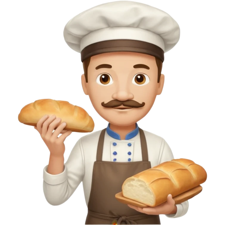 Middle aged male pastry chef - with a mustache, apron, white hat, holding bread emoji