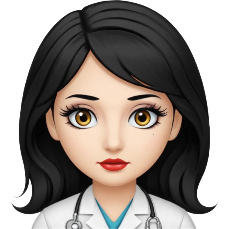 Nurse, long hair,black hair, black eyes, false eyelashes, makeup, eyeliner,  emoji