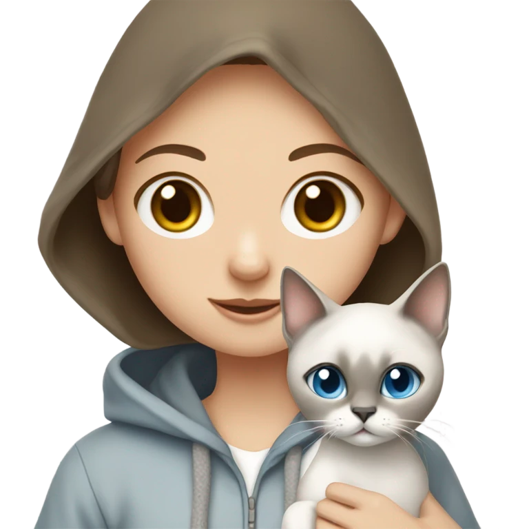 girl with brown hair and hazel eyes and freckles, wearing a hoodie, holding a Siamese cat that is white and gray and the cat has blue eyes  emoji