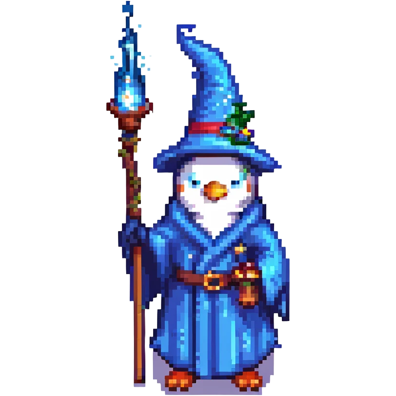 pixel art penguin wizard with a blue robe and starry hat, casting a spell emoji