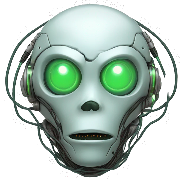 Round Alien cyborg head with glowing wires and green eyes  emoji