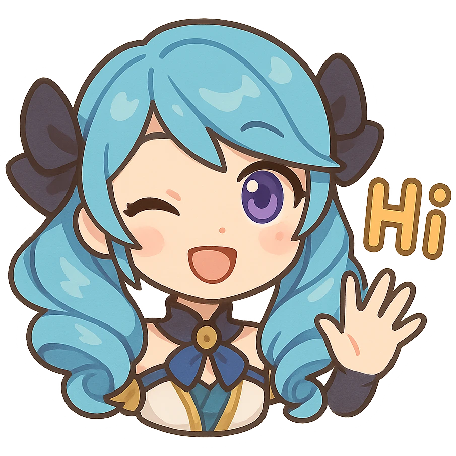 Gwen from League of Legends, chibi style, only head, hi emote, right eye purple, sample 2 emoji