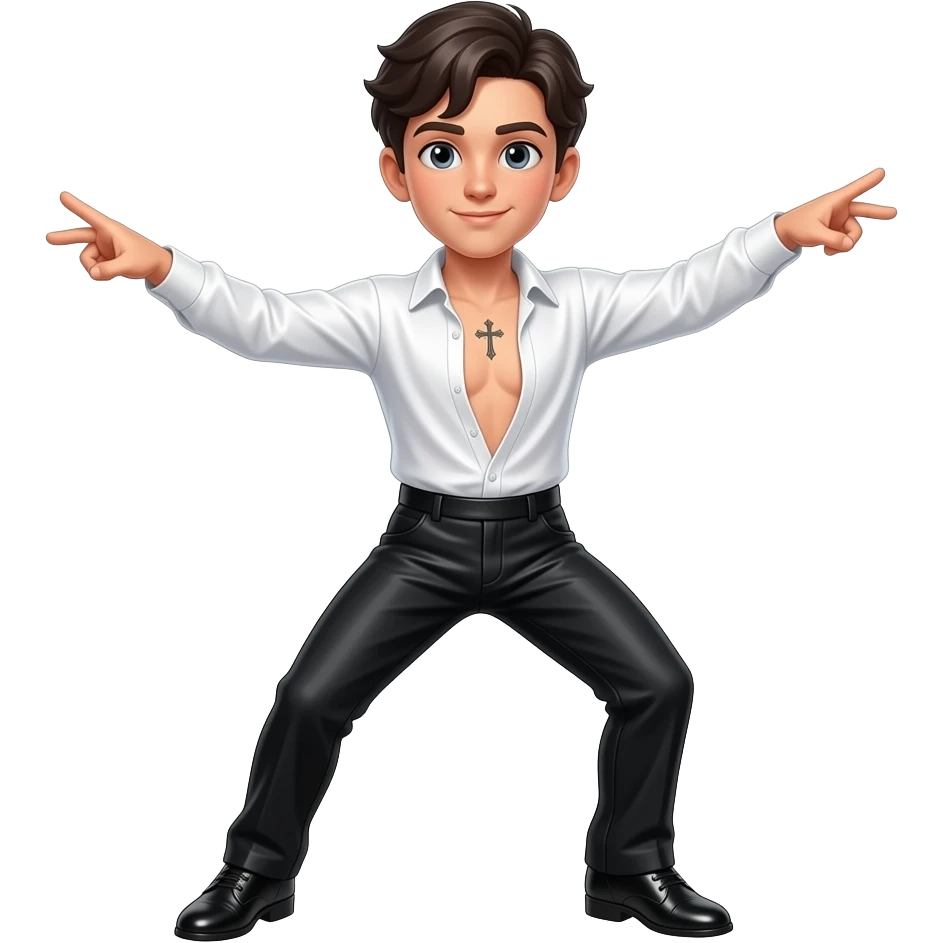 Un chico bailando salsa, tiene camisa manga larga blanca de satín por dentro y abierta hasta el ombligo Tiene una pequeña cruz de tatuaje en la parte baja del pecho. Tiene un pantalón negro brillante, con zapatos negros brillantes y Tiene el cabello oscuro emoji