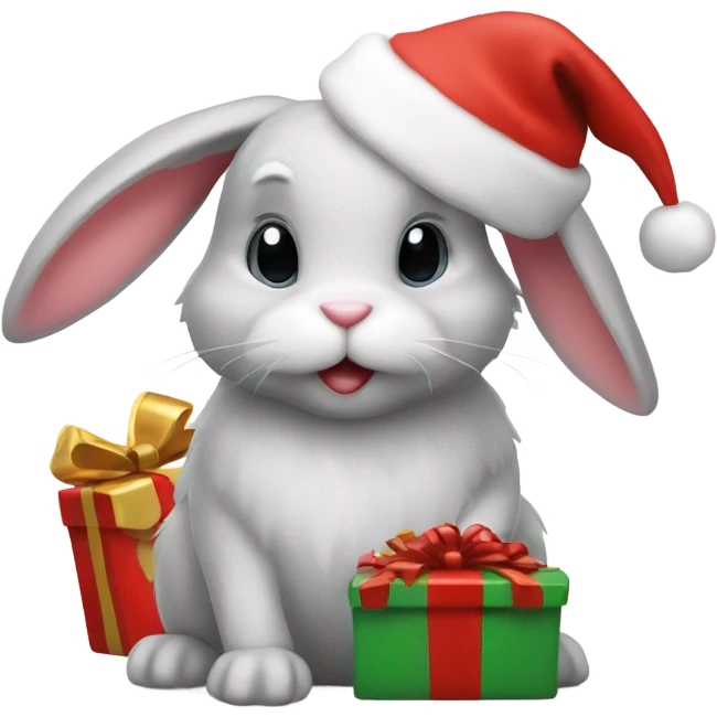 Bunny with Christmas hat and gift emoji