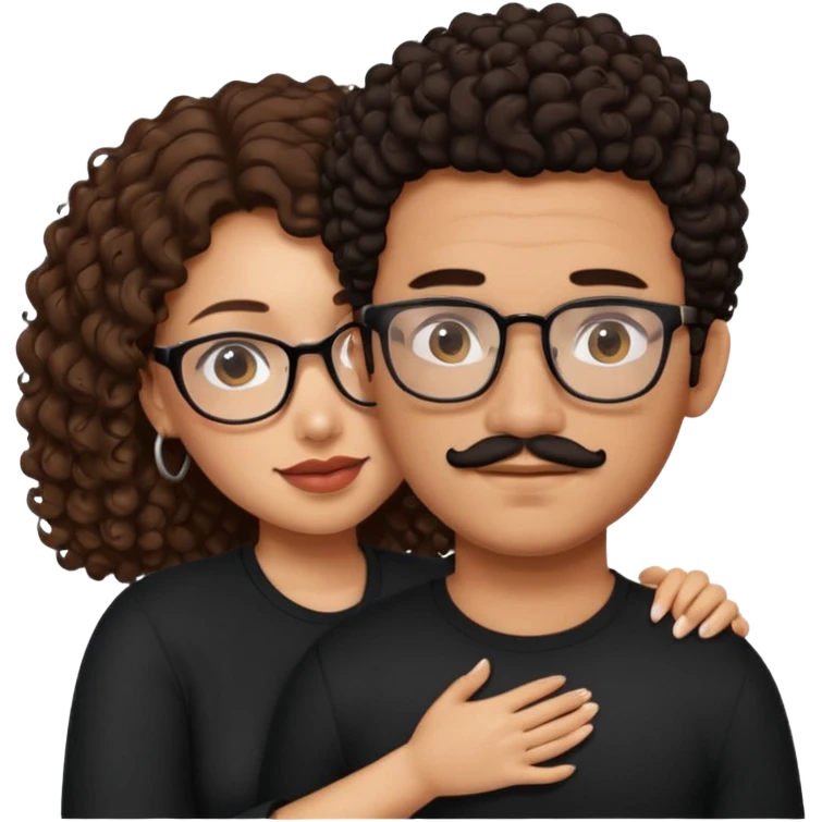 A mixed girl with glasses, the girl is wearing a black shirt, the girl has brown curly hair  and the girl has big boobs. A Mexican man is embracing her, with black bald hair and a short boxed mustache  emoji