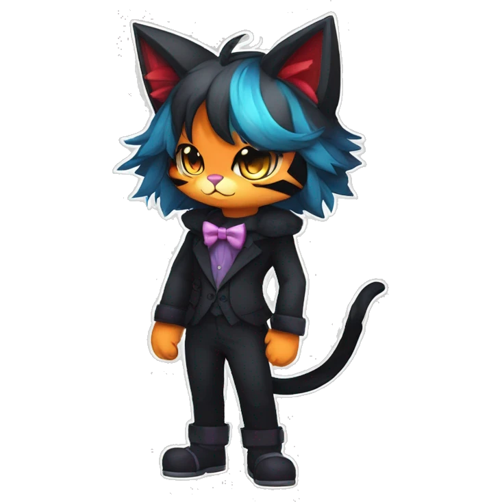 Shiny Dark Cool Edgy Black beautiful ethereal fantasy Kawaii Sona Litten-Fakemon-cat-animal with edgy bat-ears bow tie black emo-mane vtuber model Full Body emoji