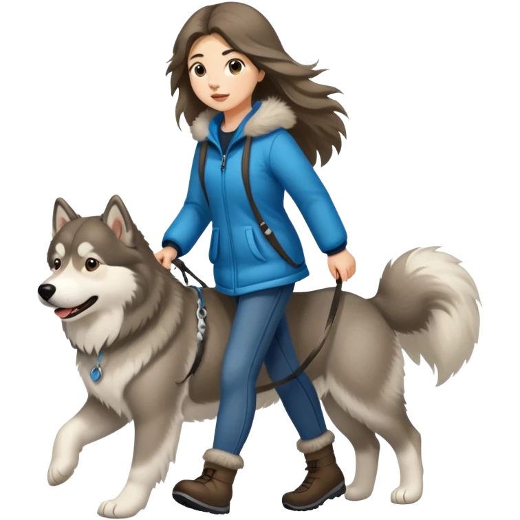 A long-haired girl walking an Alaskan dog emoji