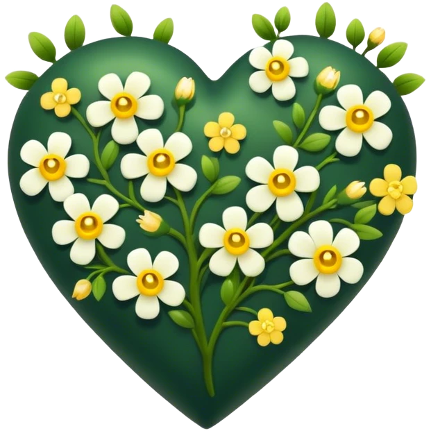 A dark green heart with small yellow and white flowers growing off it emoji