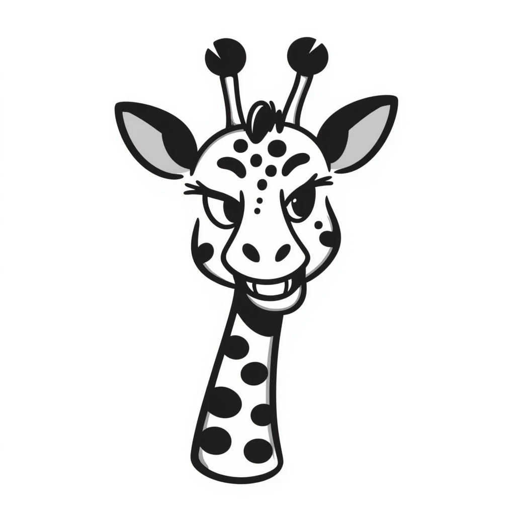 A scheming giraffe with narrow, gleaming eyes, a wide, toothy grin, and a menacing aura. Add a subtle shadow under the eyes for extra villainy. Perfect for 'troll' or 'evil laugh' emotes. emoji