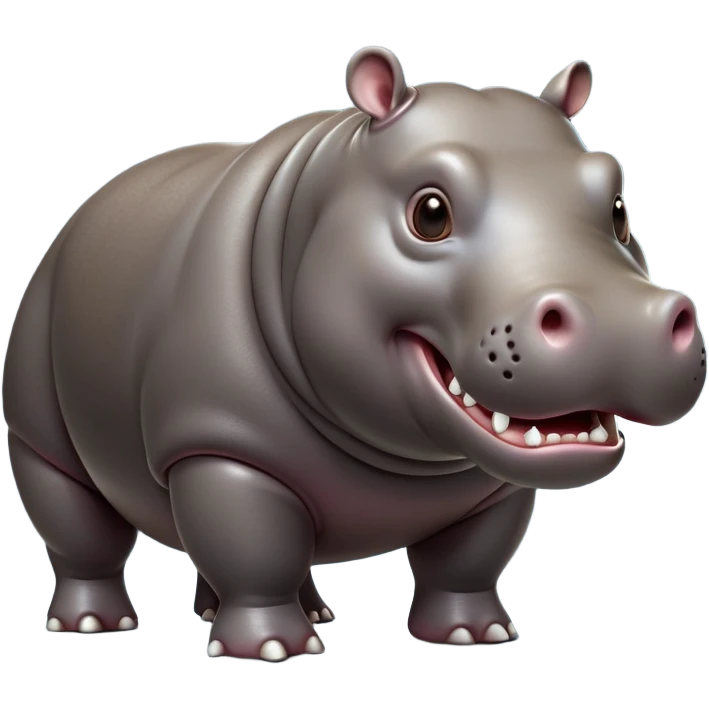 cinematic-hippo-realistic-full-body side view-standing on all fours-emoji,-massive-round-frame,-wide-mouthed-grin-exposing-huge-teeth,-head-tilted-dramatically,-thick-greyish-brown-hide-glossy-from-water,-simplified-yet-realistic-focused-features,-highly-detailed,-glowing-with-an-almost-sarcastic-glow showing only 4 theeth emoji