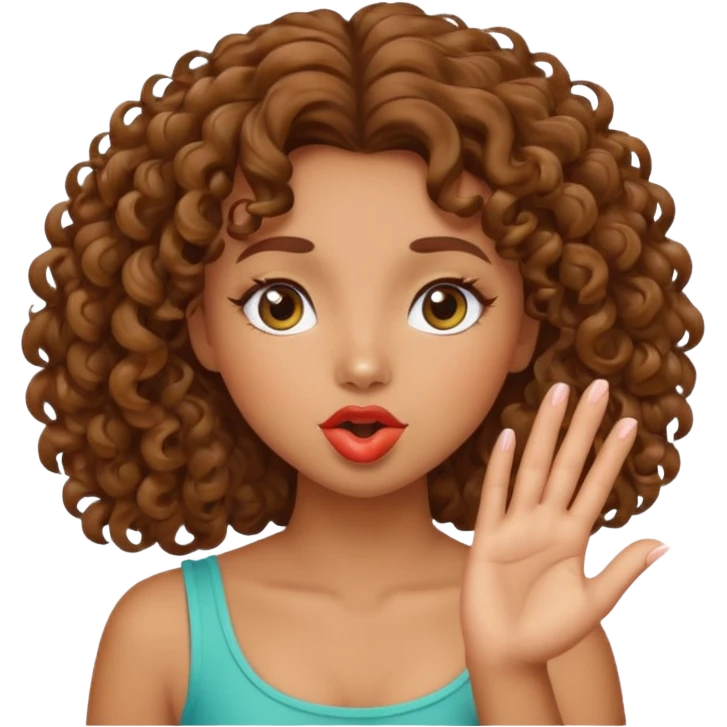 Tan girl with curly brown hair blowing a kiss emoji