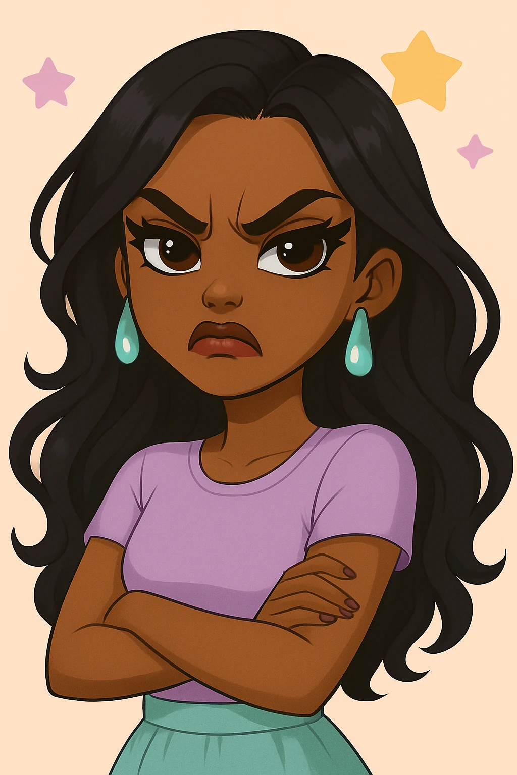 Change her expression to angry, keep her as a 20-year-old anime Bratz style woman with dark skin, dark hair, cute pastel Y2K look, big expressive eyes, and glossy lips. Maintain the anime Bratz style and the original look except for the angry expression. emoji