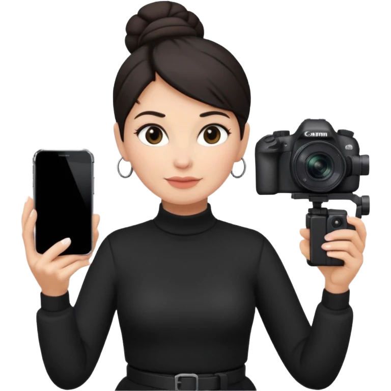 middle aged woman photographer with dark hair in a bun, wearing black clothes, carrying a canon r5 and an iPhone on a gimbal emoji