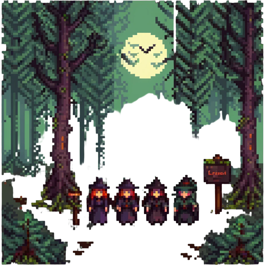 haunted forest with shadowy witches, cursed coven theme, pixel art style, with the text 'Cursed Coven' emoji