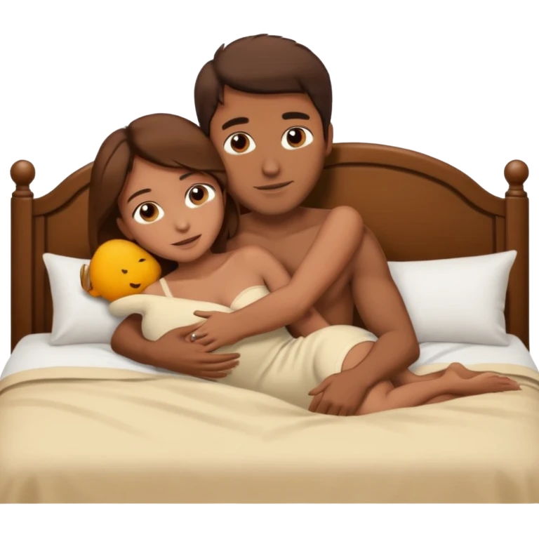 Brown Man with brown hair woman naked hugging sex in bed emoji