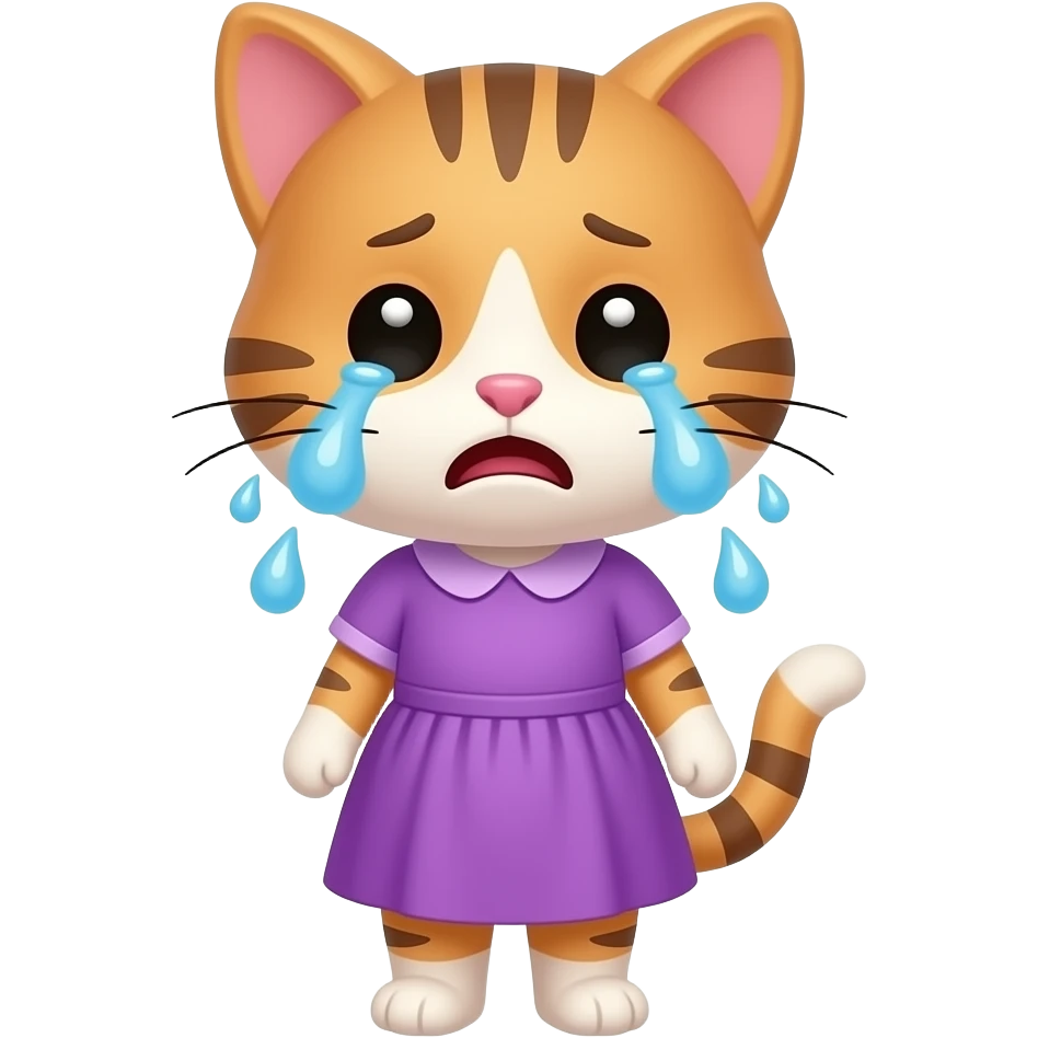 Cartoon sister kitten standing wearing a purple dress crying emoji