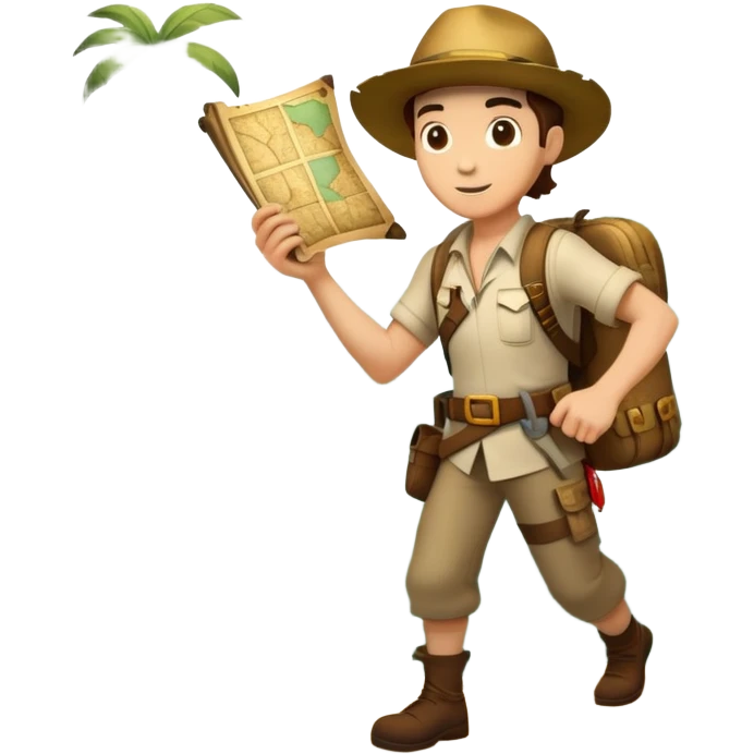 An icon featuring an adventurer in a dynamic action pose with treasure map, ancient ruins and jungle landscapes in the background. The design includes clues, hidden passages and climbing gear, symbolizing the thrill of exploration and discovery. Transparent background. emoji