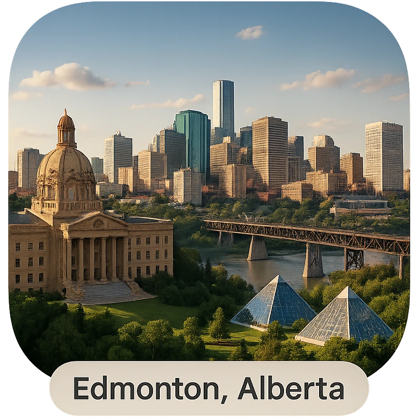 cinematic, realistic emoji of Edmonton, Alberta, featuring a skyline with iconic landmarks such as the Alberta Legislature Building, Muttart Conservatory, and the High Level Bridge, with lifelike detail, accurate colors, bright lighting, wide city view, fully transparent background emoji