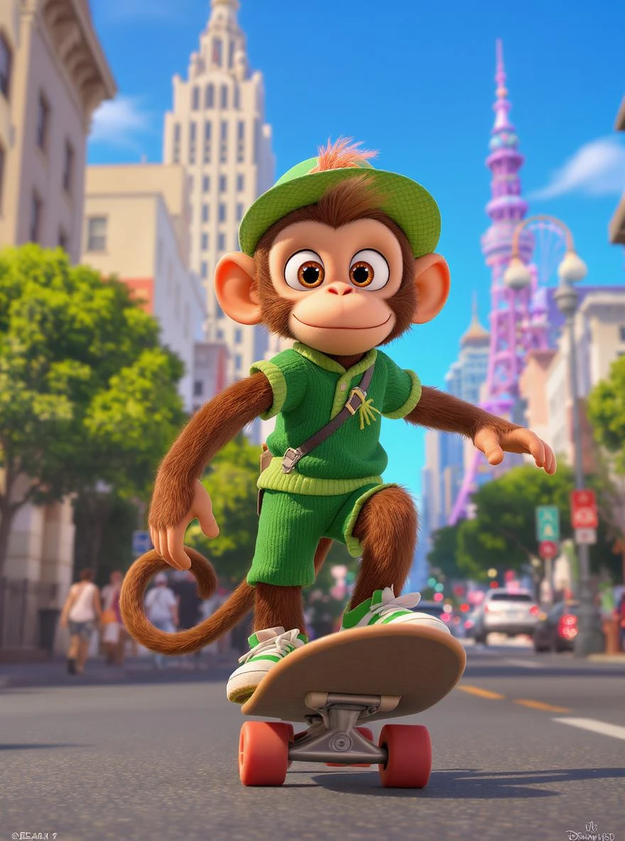 Disney style, Cinematic still scane, Low angle medium shot, monkey dress in green outfit, monkey ride on skateboard, san francisno downtown with city lanscape, blue clean sky, captured by ARRI Alexa XT, soft cinematic lightning, back light, inspired by ToyStory 4 emoji