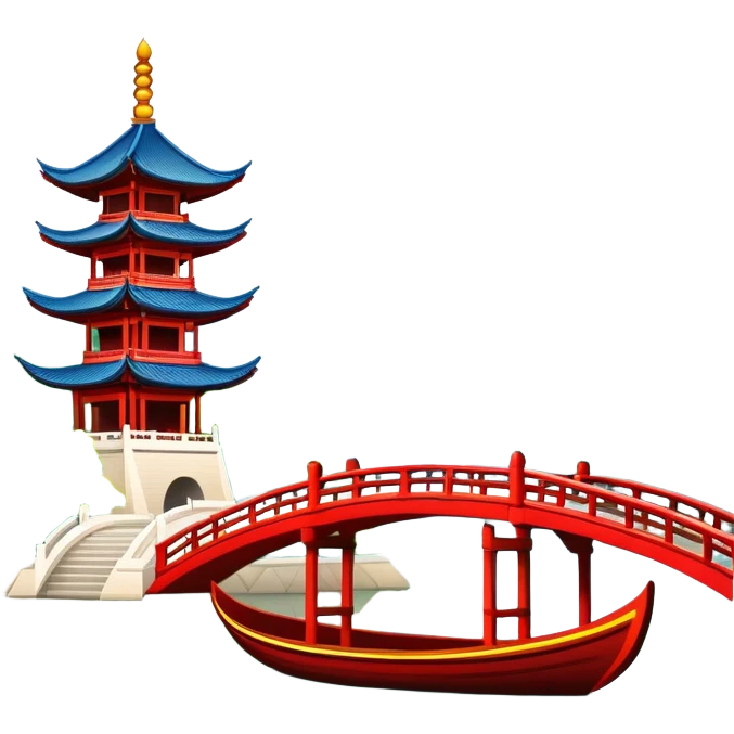 Hangzhou West Lake with traditional boat and bridge, simplified emoji style with bold outlines and bright colors, cartoon style pagoda by lake emoji