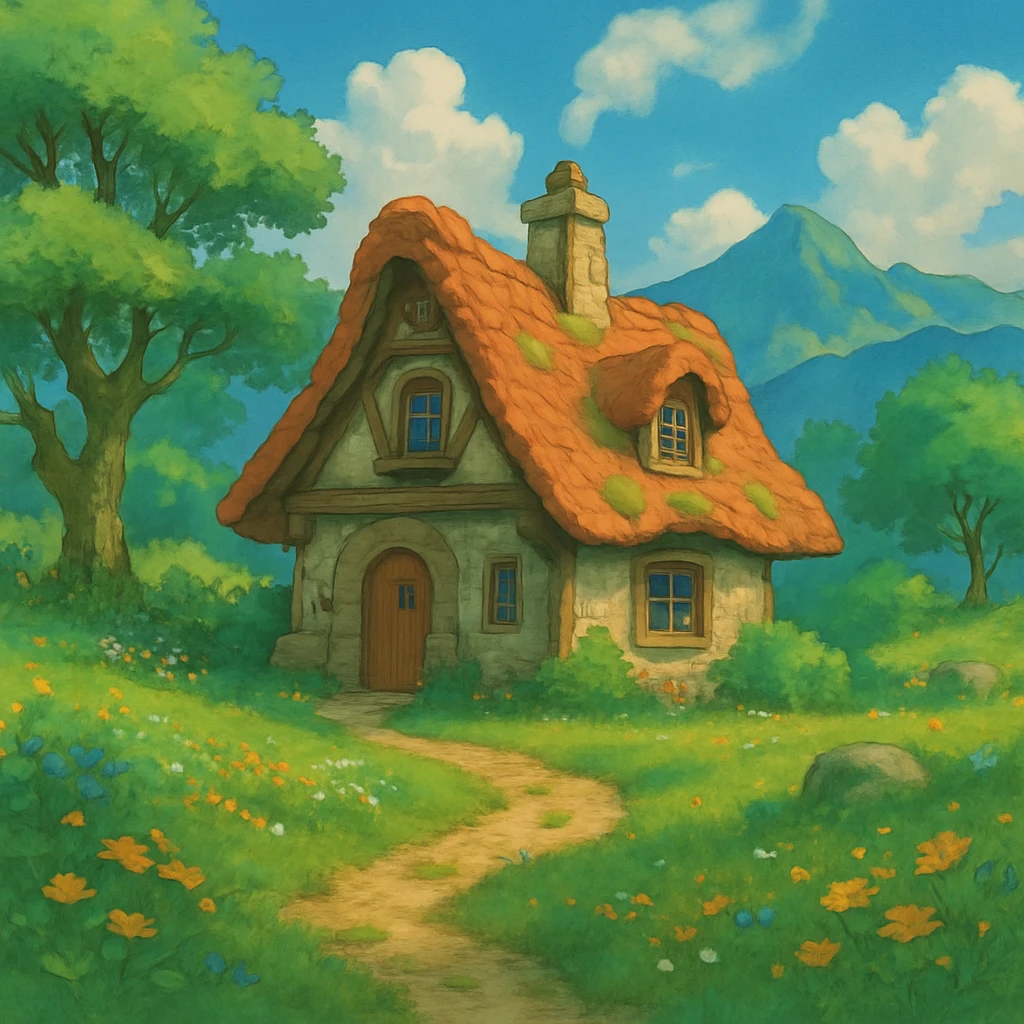 a cozy cottage in a magical landscape, ghibli style emoji