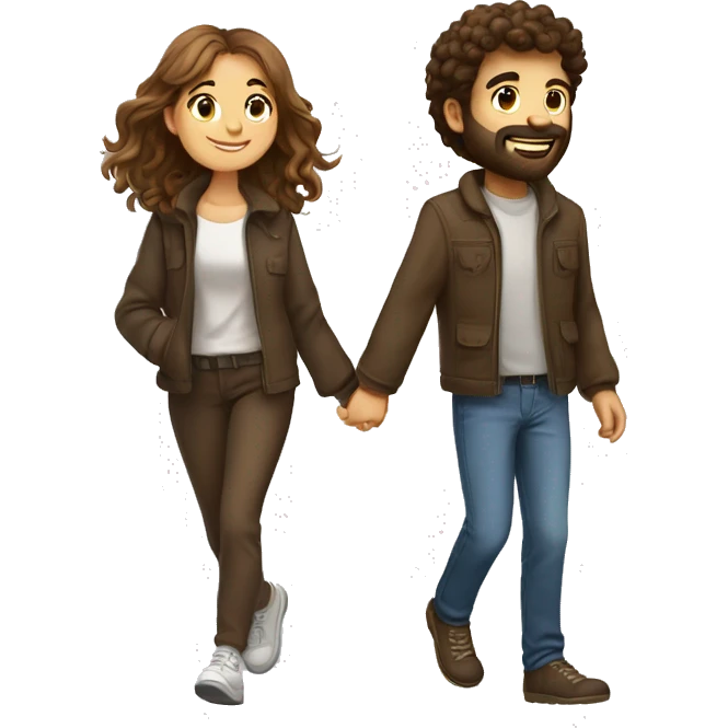 A beautiful brown-haired girl with a hairy brown-haired man walk by the hand and love each other emoji