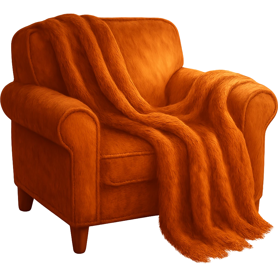 Remove the background, keep the cozy armchair with blanket, warm colors, soft lighting, transparent background. emoji