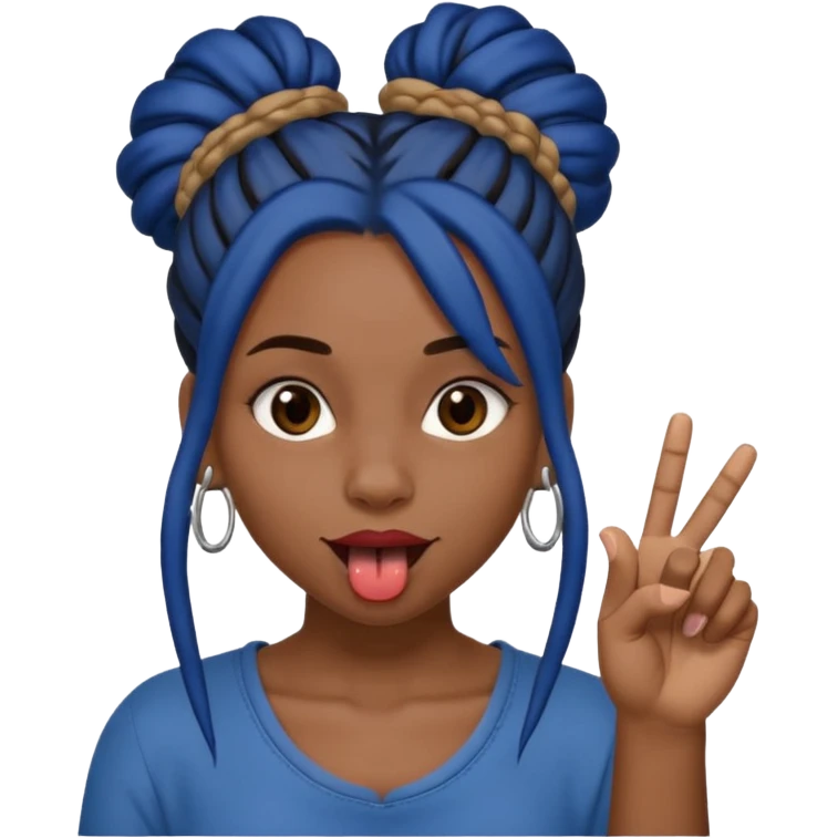 brown girl with dark blue dreads all in a bun with tongue out holding up middle finger emoji