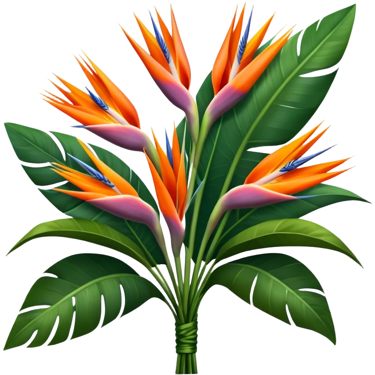 big bouquet Strelitzia Reginae, luxuriant, stem, leaf emoji