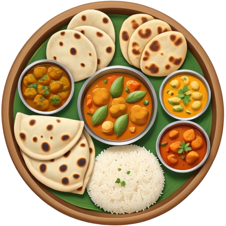 Indian food thali with curry, naan bread, and rice emoji