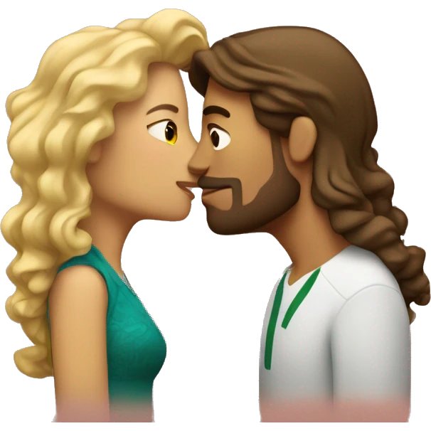 Couple kissing Mexican woman with long curly brown hair taller white man with short blonde hair emoji