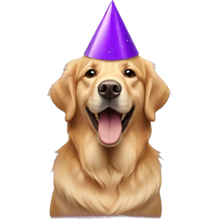 golden retriever wearing purple party hat emoji
