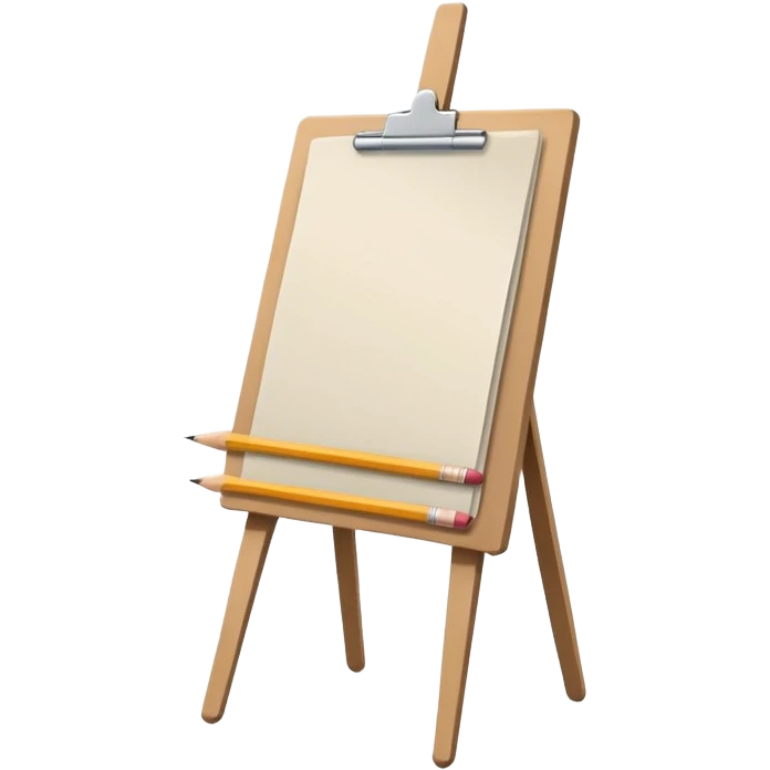 Minimalistic flat vector icon, iOS style, thin black contour on white background. Easel with a paper sheet and a pencil leaning against it. No text, no shadows emoji