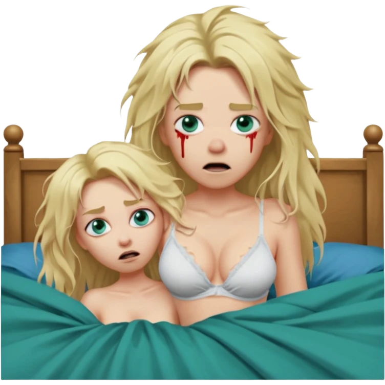 Blonde baddie with very long messi hair blue-green eyes  and lay in a big bed in underwear sie hat Todesangst und guckt schmerzhaft erschrocken Bettlacken ist blutig ihre Brüste unecht .ein großer Mann war das, der sie fesselt  emoji