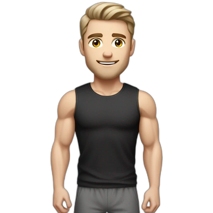 Pale skinned Fit Man With the biceps and dark brown hair in black shirt, gray sports shorts and white Sneakers His right hand near his back of the head emoji