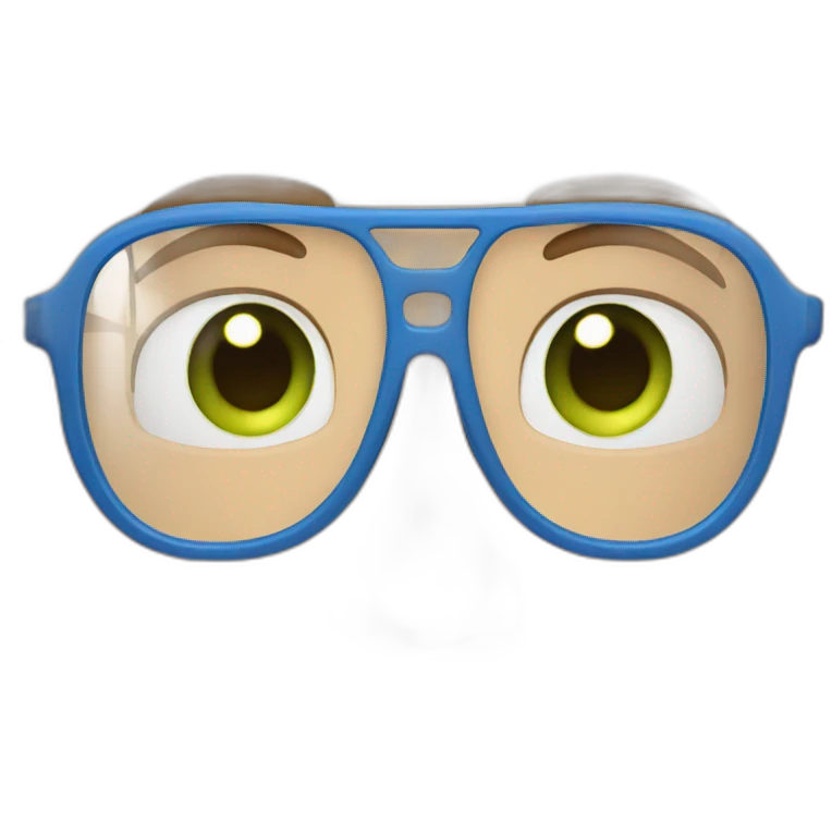 bald guy wearing glasses with a blue frame, green eyes emoji