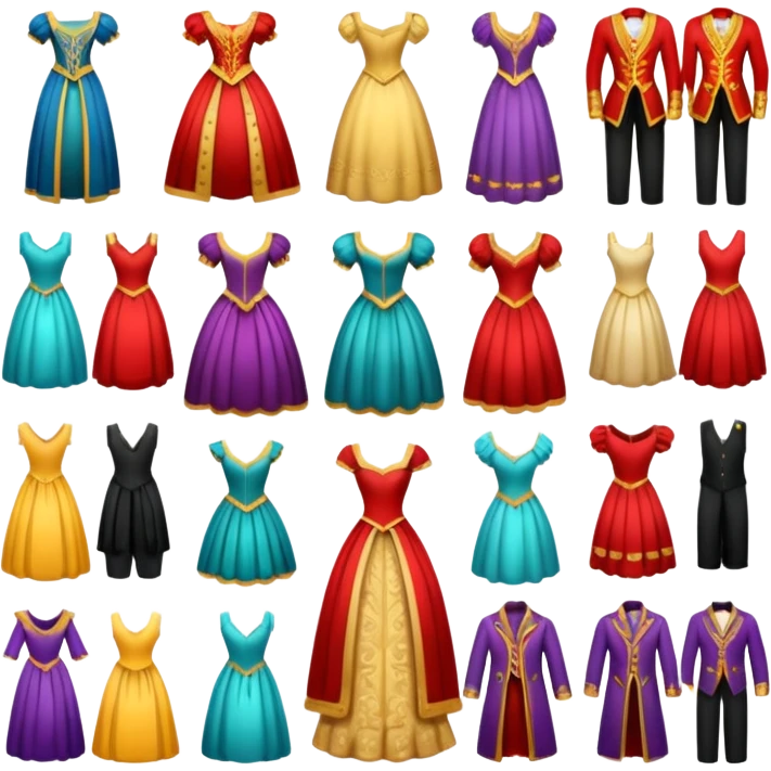 create a series of images for Theatre costumes Inventory showing a variety of costume styles without a person emoji