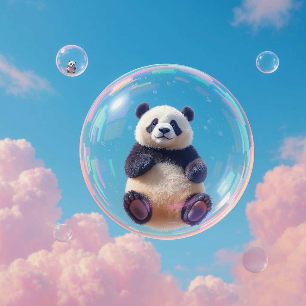 Realistic, Minimalistic Cinematic still of pandas bears sitting inside flying bubbles, blue sky filling background , pink clouds emoji
