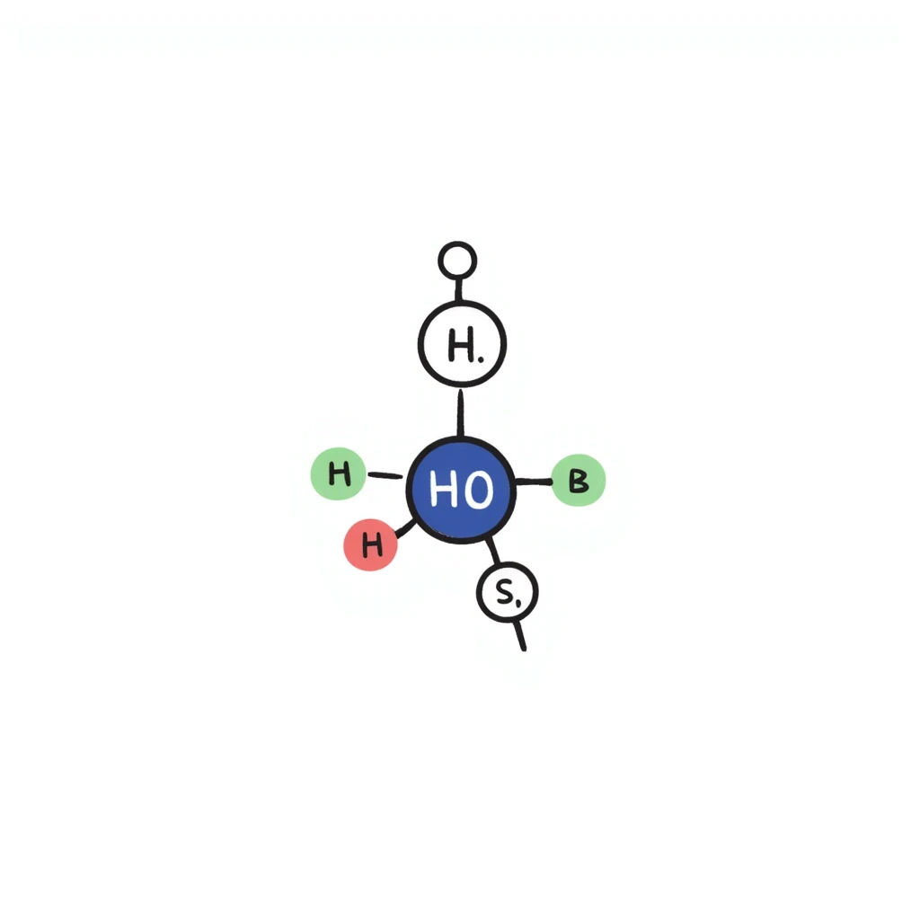 Clean hormone molecule diagram: large blue hormone icon in center with geometric molecular structure, red receptor binding sites, and neat green arrows showing action pathway. Simple hand-drawn illustration with minimal background and organized layout. emoji