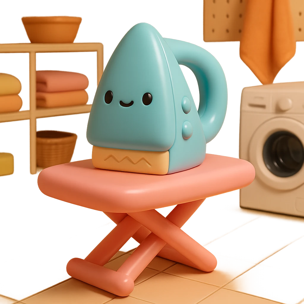 Place the vinyl figure style iron and ironing board in a cozy laundry room scene, with playful details and soft lighting, keeping the vinyl-figure look. emoji
