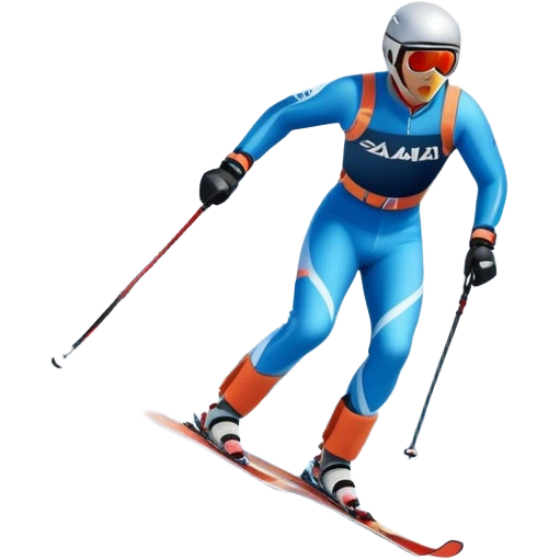 An icon featuring a skier racing down a snow-covered slope, surrounded by snowy peaks, pine trees, and a picturesque mountain landscape. The sky is blue with soft clouds, capturing the thrill and beauty of alpine skiing. Transparent background highlights the excitement and serenity of winter sports. emoji