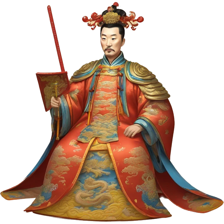 Qianlong, Qing dynasty's emperor, is recognized by his majestic attire: dragon-adorned imperial robes, a court headdress, and a ceremonial scepter. 🐉👑 emoji
