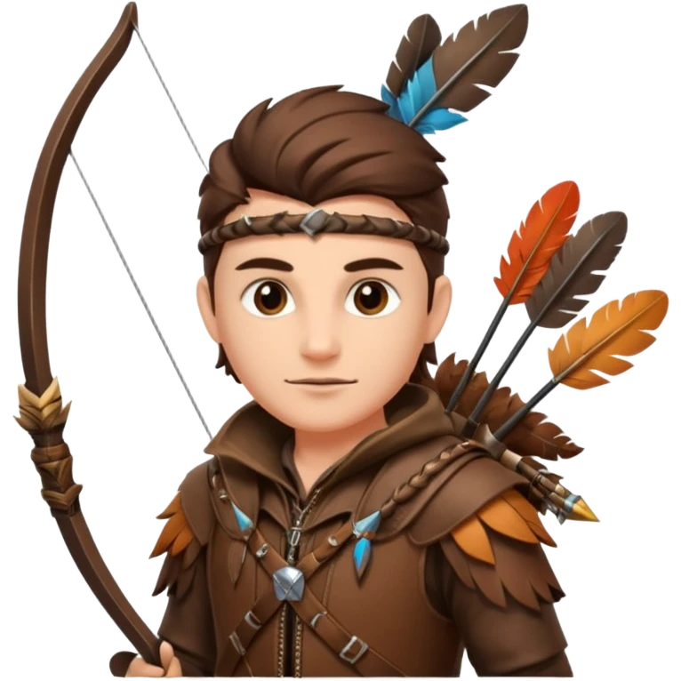 The classic hunter figure with a bow and arrow on his back, dressed in brown clothes and adorned with animal decorations emoji