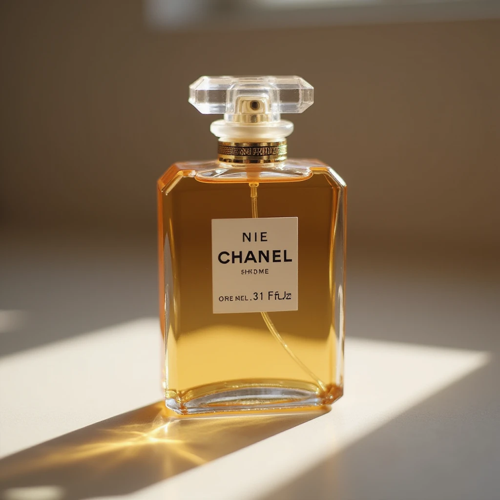 realistic Chanel perfume bottle with soft lighting, minimal background, photorealistic style emoji